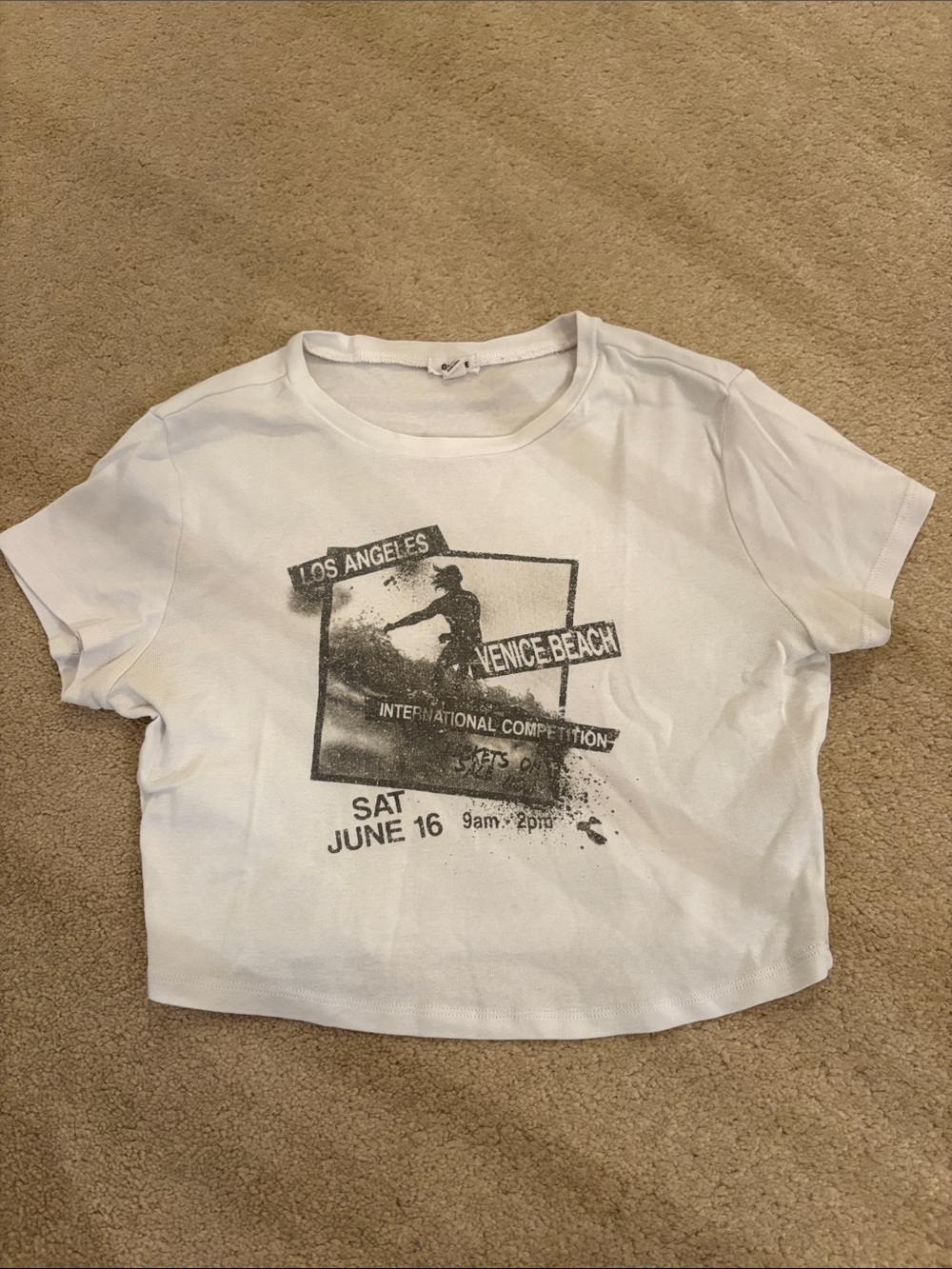 Garage White Crop Tee with Black Venice Beach Surf Graphic